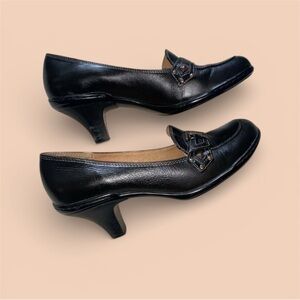 Sofft Cordelia Loafer Heels Black Leather Buckle Women Size 7.5 M Academia